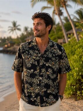 Silk Icon Men's Short Sleeve Hawaiian Floral Shirt Size L Spring Break Summer